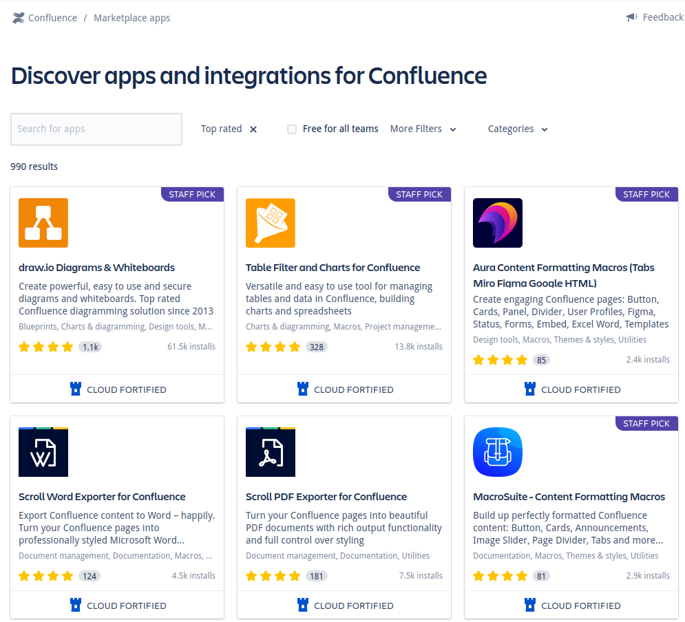 Auswahl von Apps aus dem Confluence App-Store